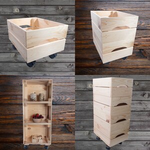 May include: Four wooden crates with wheels. The crates are stacked on top of each other. The top crate has a handle. The crates are made of natural wood and have a rustic look.