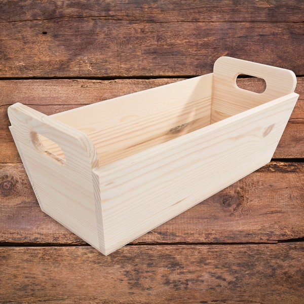 Wooden Decorative Multi-purpose Open Box With Handles | Flower Pot | Fruit Storage | Bread Tray | Unpainted Pine For Staining DIY Decoupage