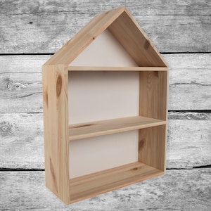 Wide Pine House Shaped Trinket Display Shadow Box | 2x Inner Shelf | White Background Panel | Unpainted & Untreated Plain Decorative Wood