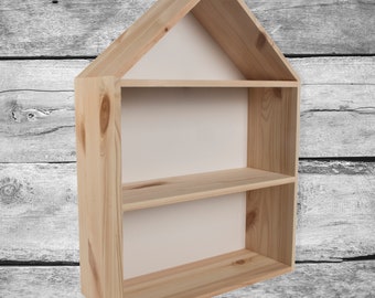 Wide Pine House Shaped Trinket Display Shadow Box | 2x Inner Shelf | White Background Panel | Unpainted & Untreated Plain Decorative Wood