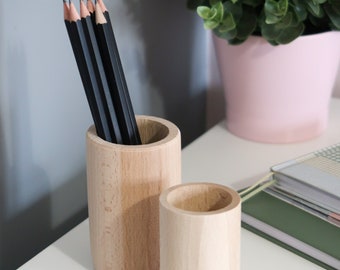 Wooden Square Pen Pot Brush Holder Pencil Cup Desk Stationery Markers Storage Box Tidy Organiser  | 7.5x7.5x11 cm Unfinished Plain Pinewood