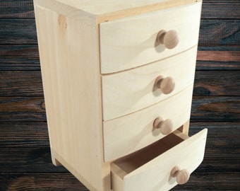 Decorative Desktop Mini Chest of Drawers | 12.5 x 13 x 19.5 cm | Jewellery Make-up 4 Drawer Unit Organiser Cabinet Storage Box | Plain Wood