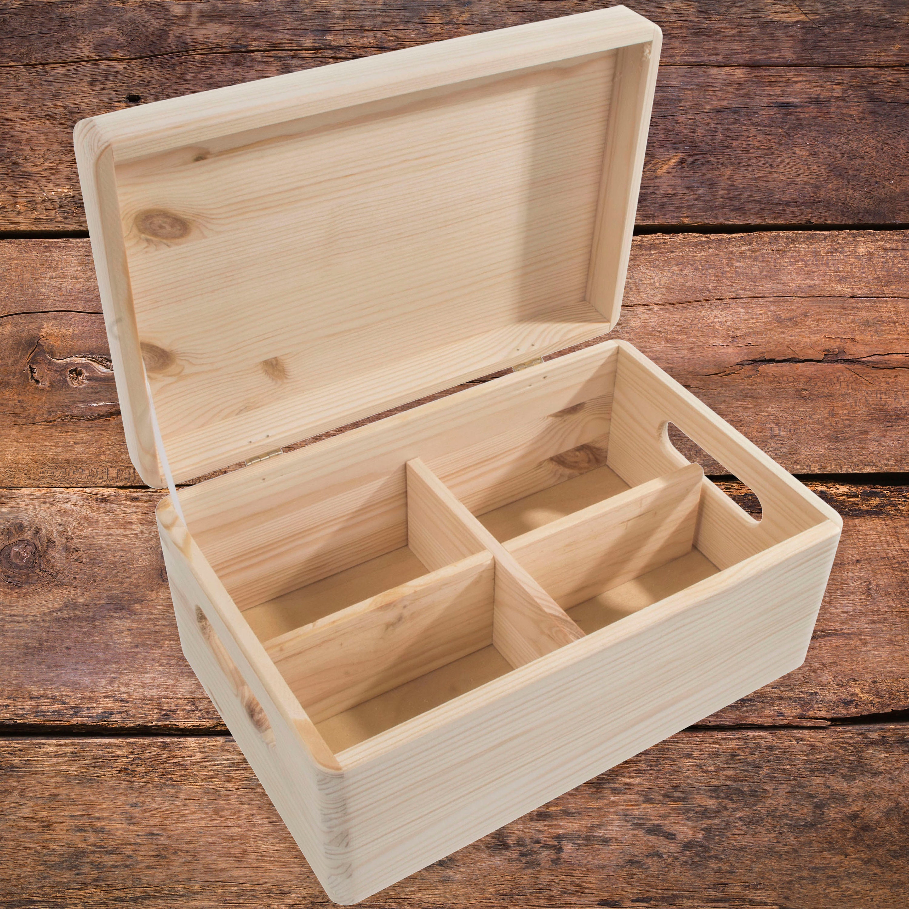 Wooden Box With Removable Dividers | 4 Compartments Pot Jars Bottles Container Organiser | Lid & Handles | Paintable Natural Decor Pine