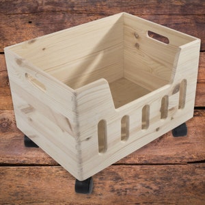 Wooden Storage Crate | Wheels & Handles | Vegetable Fruit Open Non-lidded Box | Farm Shop Display Unit | Untreated Wood To Decorate