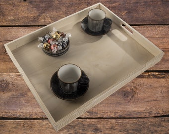 Extra Large Wooden Shallow Serving Tray With Handles | 50 x 40 x 6 cm | Tea Coffee Breakfast Drinks Snack  | Plain Craft Decorative Pine
