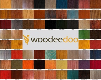 May include: A chart of 64 different wood stain colors, each color is labeled with the name of the wood stain. The chart is labeled "woodeedoo" in the center.