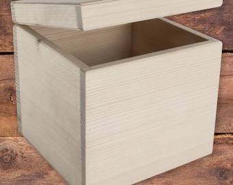 Plain Cube Wooden Box | 16x16x16 cm | Square Keepsake Trinket Jewellery Storage Gift Case | Decorative Pine For Craft