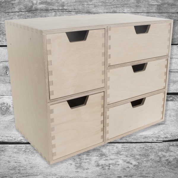 Wooden Mini Chest of 5 Drawers Desktop Organiser | Cupboard Cabinet Unit Trinket Box | Plain Blank Unfinished Unpainted Birchwood For Craft