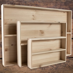 Wooden Shallow 2 Tier Trinket Shelving Unit | Spice Rack Display Shelf Compartment Collectors Tray | Unpainted lain Pine For Craft DIY