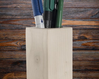 Wooden Brush Holder Pencil Cup Scissors Markers Pen Pot | 6x6x9.5 cm | Desktop Office Storage Box Tidy Organiser | Unfinished Decor Wood
