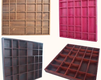 Wooden Display Trinkets Shelf 28 Compartments Shadow Box Small Items Cabinet Miniatures Crystals Wall Rack Shallow Grids Tray Hand-Stained