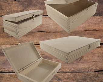 Rectangular Wooden Blank Boxes With Clasp | Choice of Sizes | Hinged Lid | Craft Keepsake Memory Trinket Storage |Plain Blank Unpainted Pine