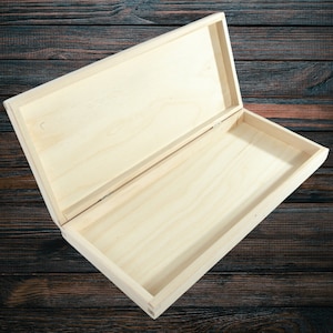 Shallow Depthless Wooden Box with Lid | 34 x 15 x 4 cm | Keepsake Trinket Presentation Gift Valuables Storage Holder Case | Unfinished Wood
