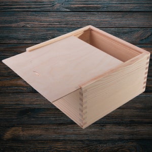 Square Slide Lid Wooden Box | 18 x 18 x 9.5 cm | Keepsake Trinket Gift Holder Treasure Storage Memorabilia Jewellery Case | Decorative Wood