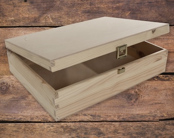 Natural Wood Storage Box | 29 x 22.5 x 8.5 cm | Entirely Pine Base & Lid | Trinket Memory Gift Case | Plain Unfinished Decorative Wood