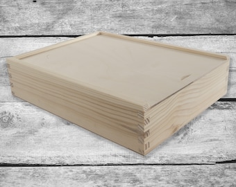 Shallow Wooden Box With Sliding Lid | Multipurpose Keepsake Memory Crayons Storage Case | Plain Blank Unpainted For Craft Decoupage