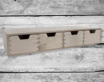Horizontal Shallow Wooden Mini Chest of 4 Drawers Desktop Organiser | Cupboard Cabinet Unit Trinket Box | Plain Unpainted Birchwood