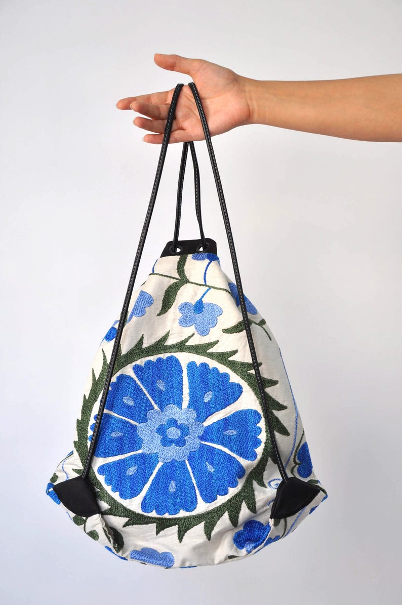 Blue Flower Suzani Embroidered Drawstring Bag Backpacks ...