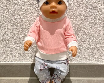 Puppenkleidung 43 cm 3-tlg. Set: rosa Pulli, Puppenhose, Mütze