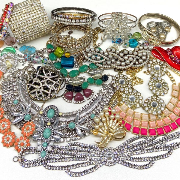 Rhinestone Broken Costume Jewelry Lot Repair Craft Repurpose Art Design Rhinestones Destash Upcycle Harvest Salvage Embellishments DIY