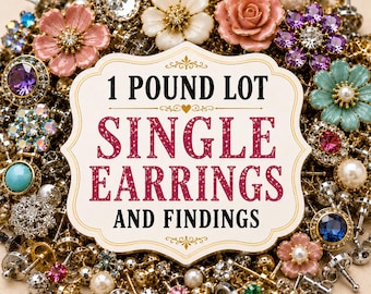 May include: A collection of single earrings and findings, including floral, pearl, and gemstone designs. The image features a variety of colors, including pink, blue, and purple. The text on the image reads "1 POUND LOT SINGLE EARRINGS AND FINDINGS."