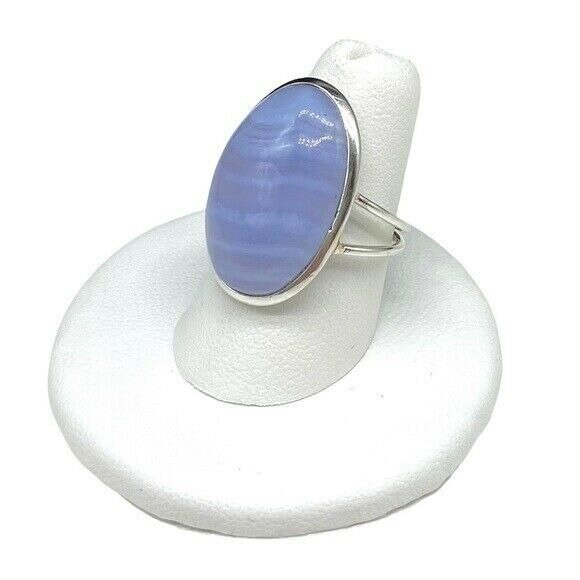Sz 8.5 Blue Lace Agate Ring Sterling Silver 925 Size 8.5 Oval Cabochon Natural Stone