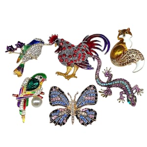 Rhinestone Animal BROOCH LOT Brooches Jewelry Rhinestones Embellishments Whimsical Figural Bird Butterfly Craft Mixed Media DIY Art Supply