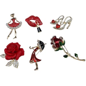 Red Rhinestone Brooch Lot: Costume Jewelry Embellishments