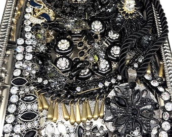 Gebrochen Schwarz Strass Modeschmuck Lot Upcycle Handwerk Verschönerungen Wiederverwendung Mixed Media Art Pfund