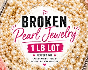 May include: A tray filled with broken pearl jewelry. The text on the image reads "BROKEN Pearl Jewelry 1 LB LOT". The pearls are various sizes and shades of white and cream. The image also includes small pieces of jewelry.