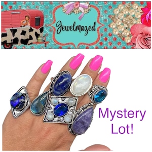 Mystery Gemstone Rings Lot: Sterling Silver Overlay, Adjustable Sizes