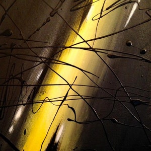 May include: Abstract painting featuring a vibrant yellow diagonal stripe against a dark backdrop. Black lines and drips form a web-like pattern across the canvas.