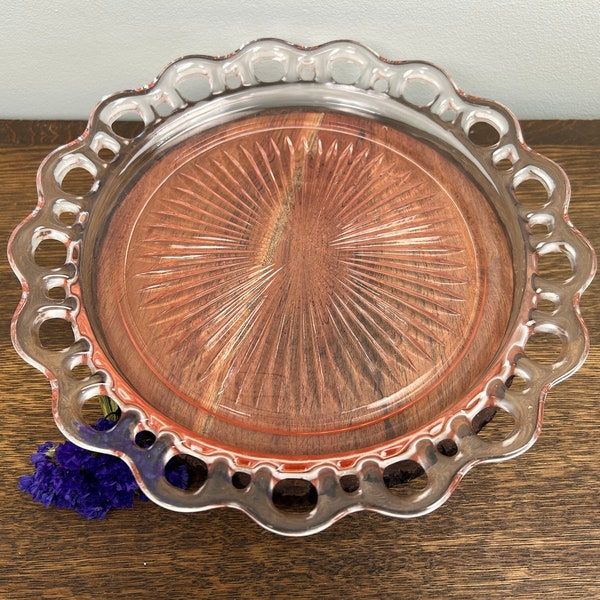 Vintage Anchor Hocking "Old Colony" Lace Edge Starburst Center 10" Pink Depression Glass Plate