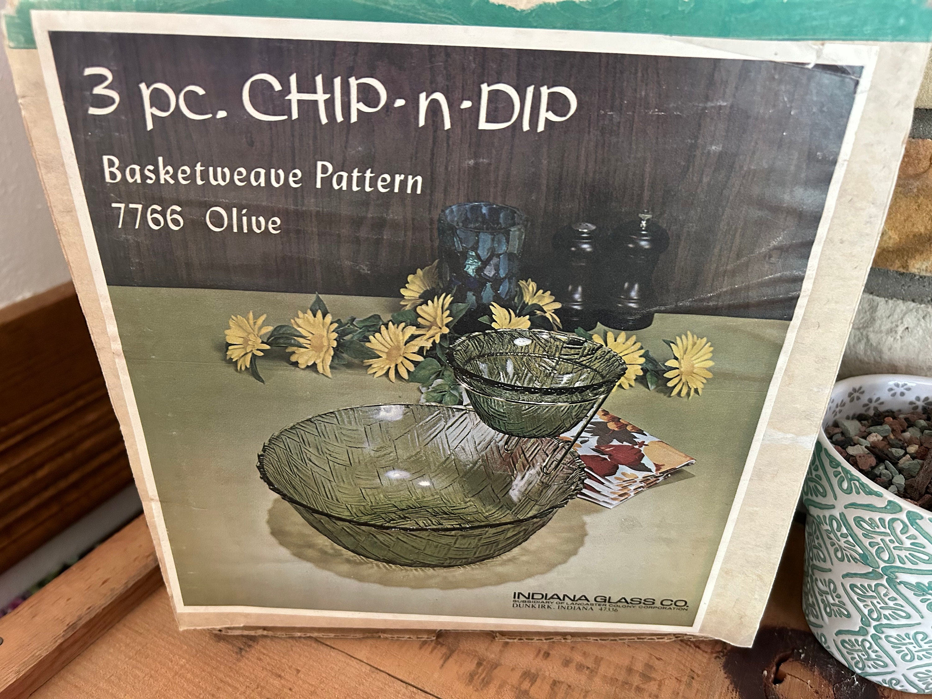 Vintage Indiana Glass Co. Olive Green Basketweave Pattern 3 Piece