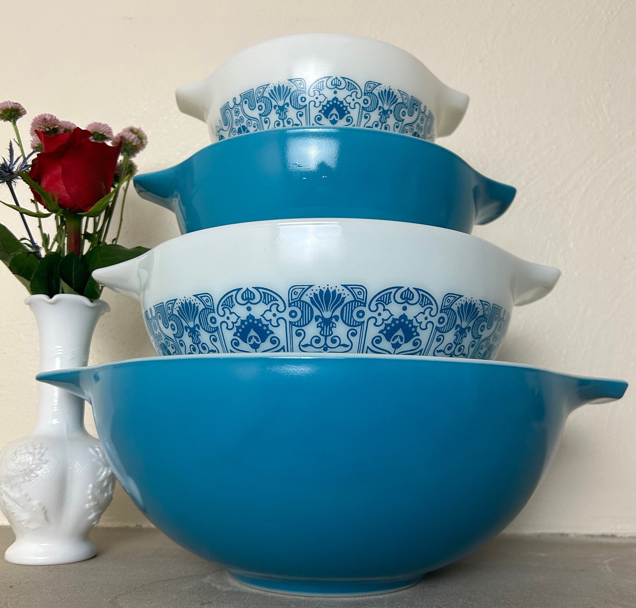 Vintage Pyrex HORIZON BLUE Full Cinderella Bowl Set, Country