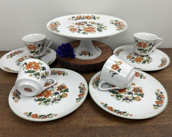 Vintage "Olympus" by Dolphin Fine China Made in Japan Floral Cake Stand & Snack Tea Coffee Set Service for 4