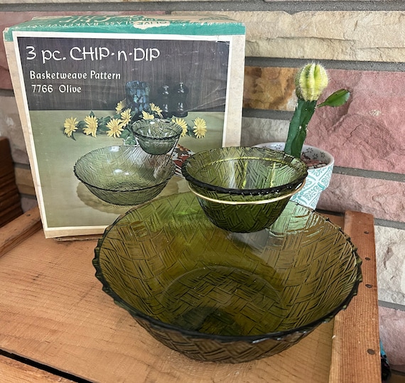 Vintage Indiana Glass Co. Olive Green Basketweave Pattern 3 Piece