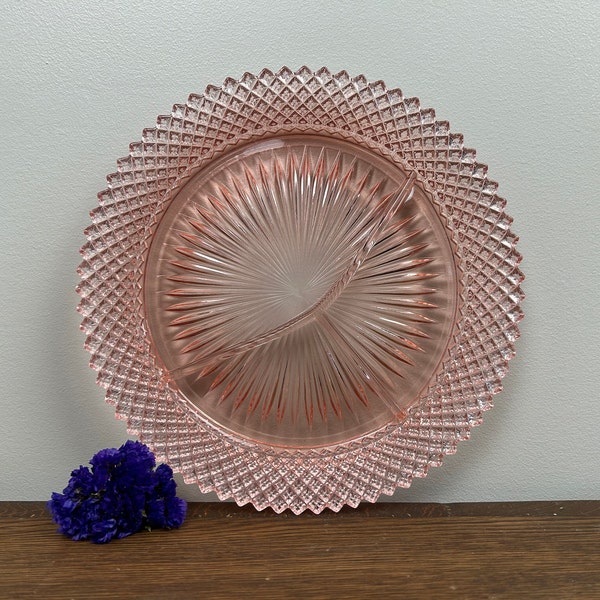 Vintage Anchor Hocking "Miss America" Pink 3 Part Round Divided Relish Dish, Pink Diamond Point Collectible 1930s Depression Glass Plate