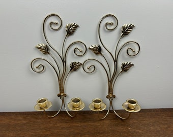 Vintage Gold Tone Leaf Wall Sconce Candle Holders - Set of 2