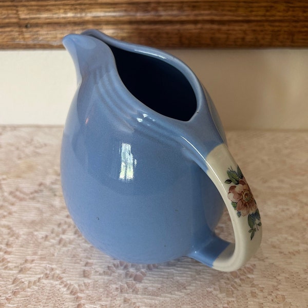 Vintage Hall's Superior Quality Kitchenware Rose Parade 1259 Small Light Blue Pitcher with Flower Handle and Ice Lip Made in USA