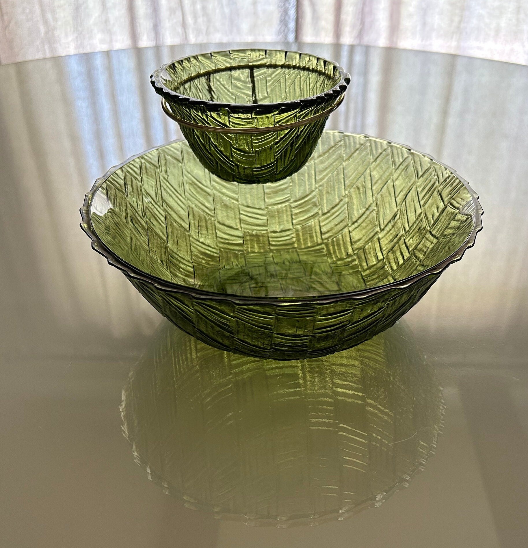 Vintage Indiana Glass Co. Olive Green Basketweave Pattern 3 Piece