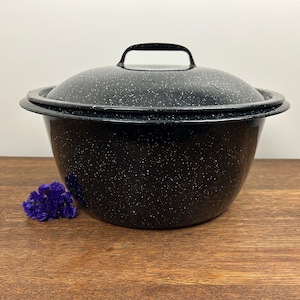 May include: Black enamel pot with a speckled finish and a lid with a handle. The pot is sitting on a wooden surface.