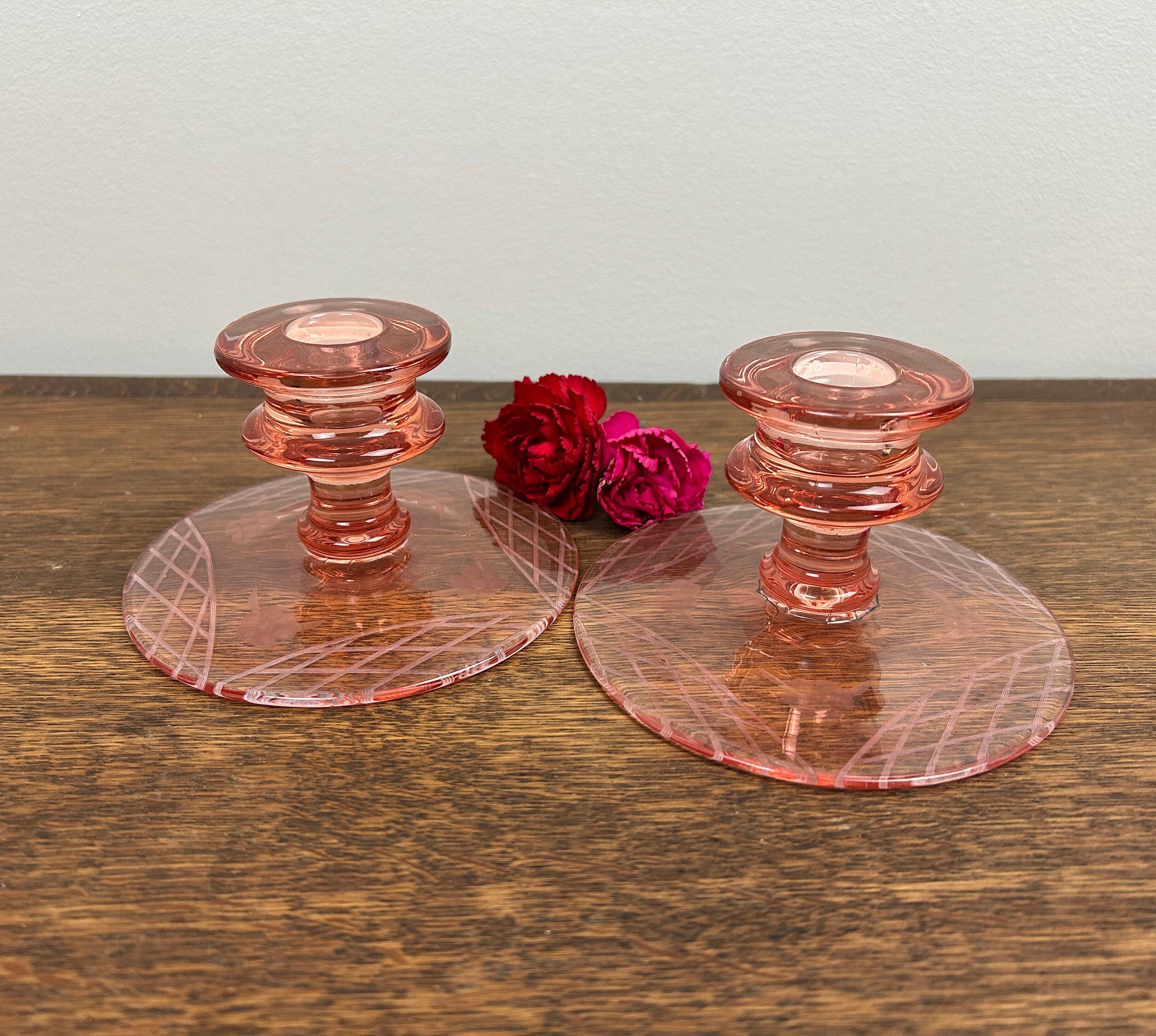 Vintage Pink Floral Round Depression Glass Candlestick Holder Set of 2