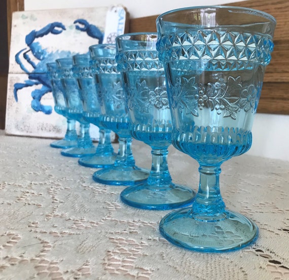 Vintage Aqua Blue Stem Wine Glasses Set of 6 Floral Diamond Pattern - Etsy