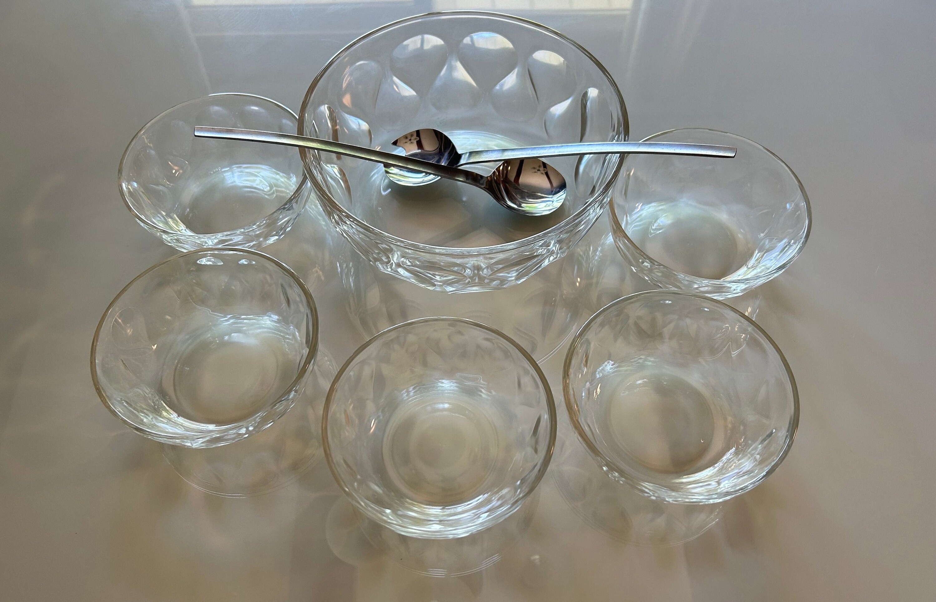 Saladier En Verre Noir 25cm Années 90 + 6 Bols Assortis 13cm