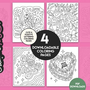 4er Set Malseiten für Erwachsene, digitale Ausmalseiten für Kinder, digitale Lettering Malseiten, gemütliche Ausmalseiten zum Ausdrucken