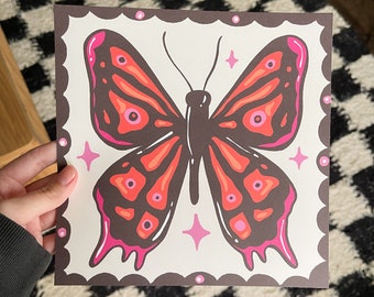 Butterfly Art Print, Colorful Insect Illustration (8x8)