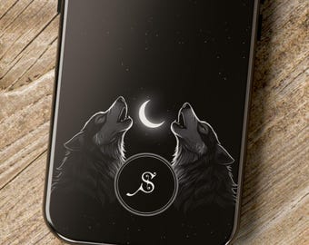Monogram Phone Case for iPhone 17 and Samsung S25 and Older - Personalized Inital,  Wolf and moon, Crescent Moon, Goth Aesthetic, Mystical