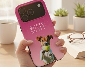 iPhone 17 Phone Case: Custom Dog Photo and Name, Personalized Pet Portrait iPhone 15 Case, Galaxy S25 Case, Custom Name Pet Memorial Gift