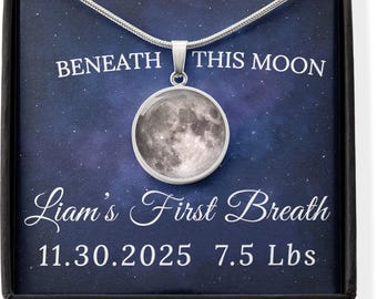 New Mom Push Present, Personalized Birth Moon Necklace:  Engraved Baby Name & Birthdate